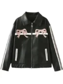 Carla Gonzalez Pink Bow Black Leather Jacket