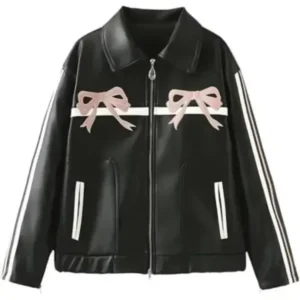Carla Gonzalez Pink Bow Black Leather Jacket