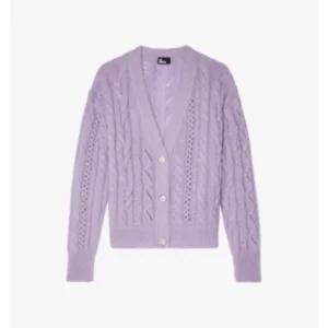 The Feud S01 Jill Halfpenny 2025 Purple Cable Knit Cardigan