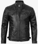 Men's Black Cafe Racer Style Leather Jacket - Quilted Shoulder