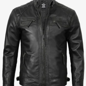 Men's Black Cafe Racer Style Leather Jacket - Quilted Shoulder
