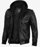 Mens Black Leather Bomber Jacket with Removable Hood