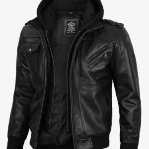Mens Black Leather Bomber Jacket with Removable Hood