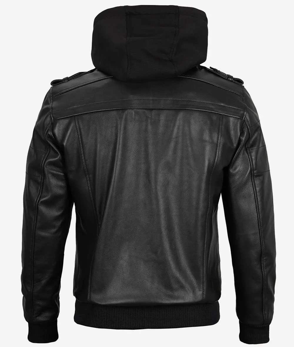 Mens Leather Bomber Jacket with Removable Hood
