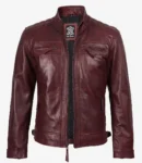 Mens Real Leather Burgundy Biker Jacket - Quilted Shoulder