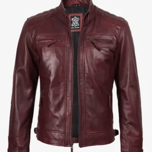 Mens Real Leather Burgundy Biker Jacket - Quilted Shoulder