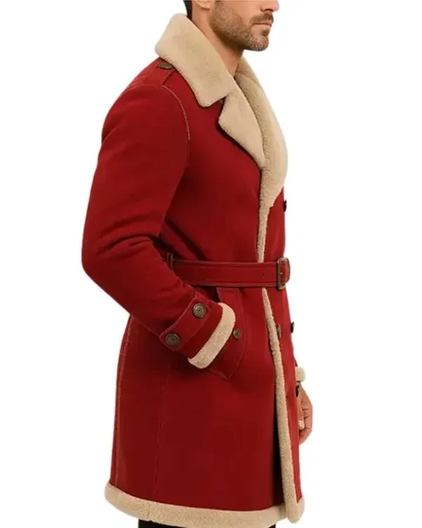 Christmas Red Shearling Belted Trench Coat For Men & Women