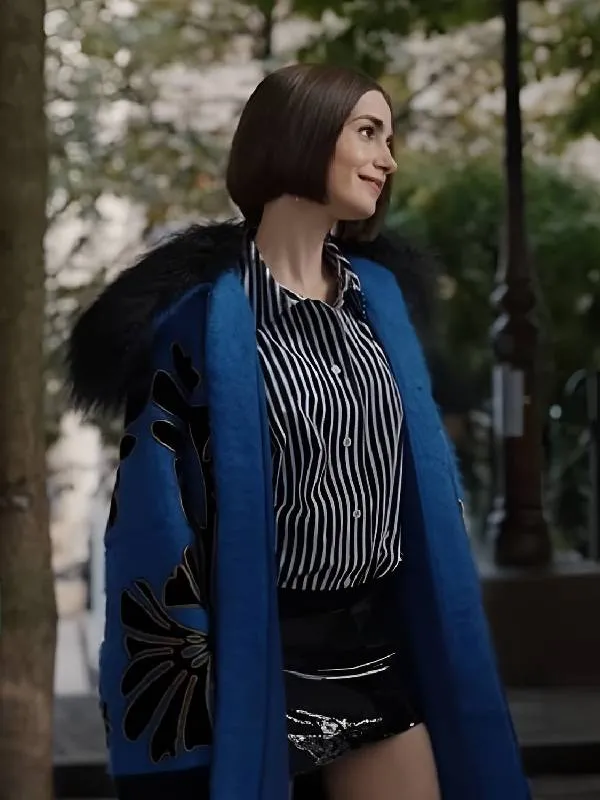 Emily in Paris S5 Lily Collins Blue Printed Coat