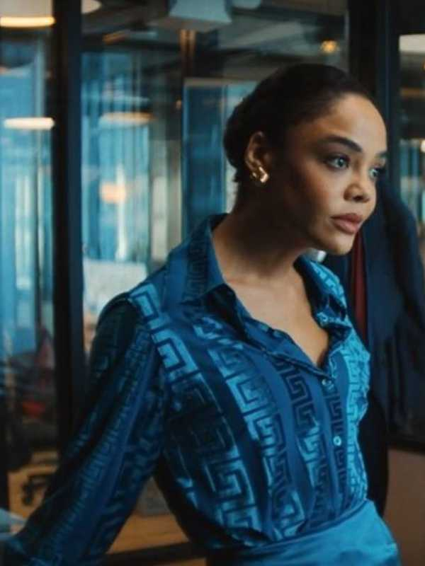 His and Hers Tessa Thompson Blue Silk Blouse 2026