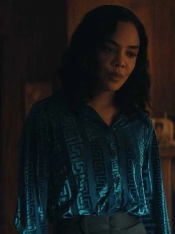 His and Hers Tessa Thompson Blue Silk Blouse
