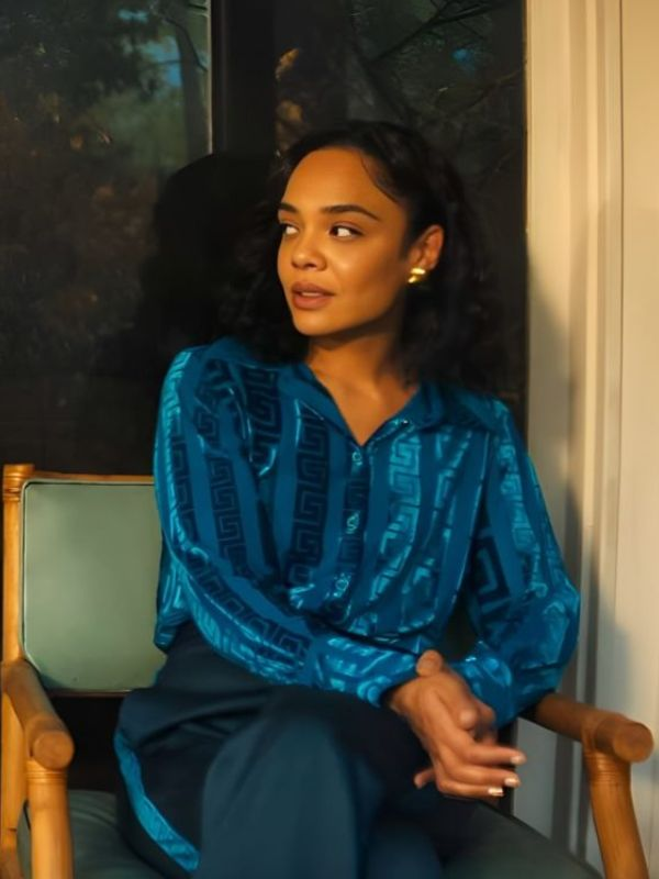 His and Hers Tessa Thompson Blue Silk Blouse2026