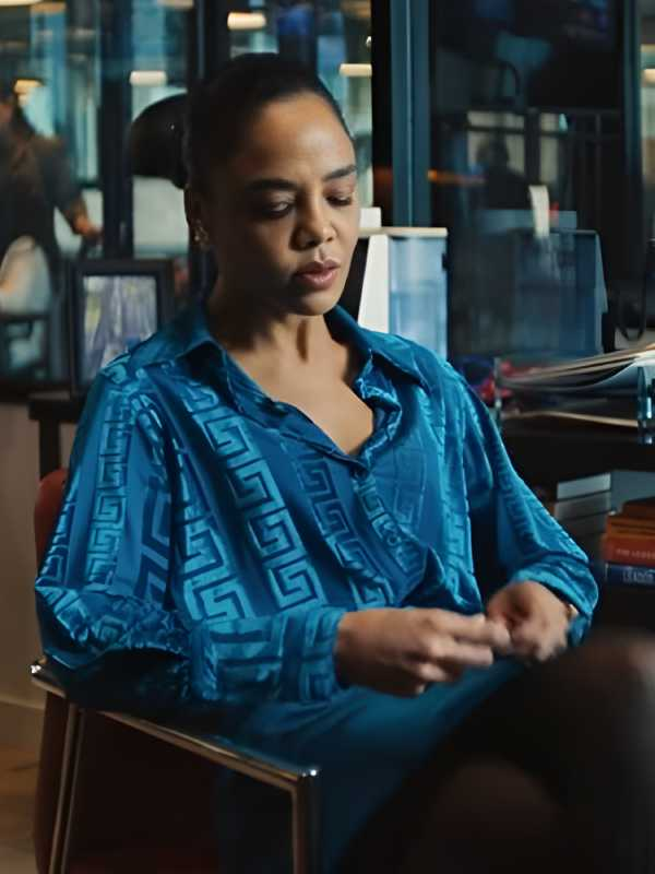 Tessa Thompson Blue Silk Blouse