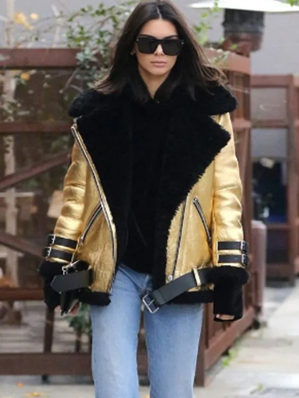 Kendall Jenner Golden Leather Shearling Jacket