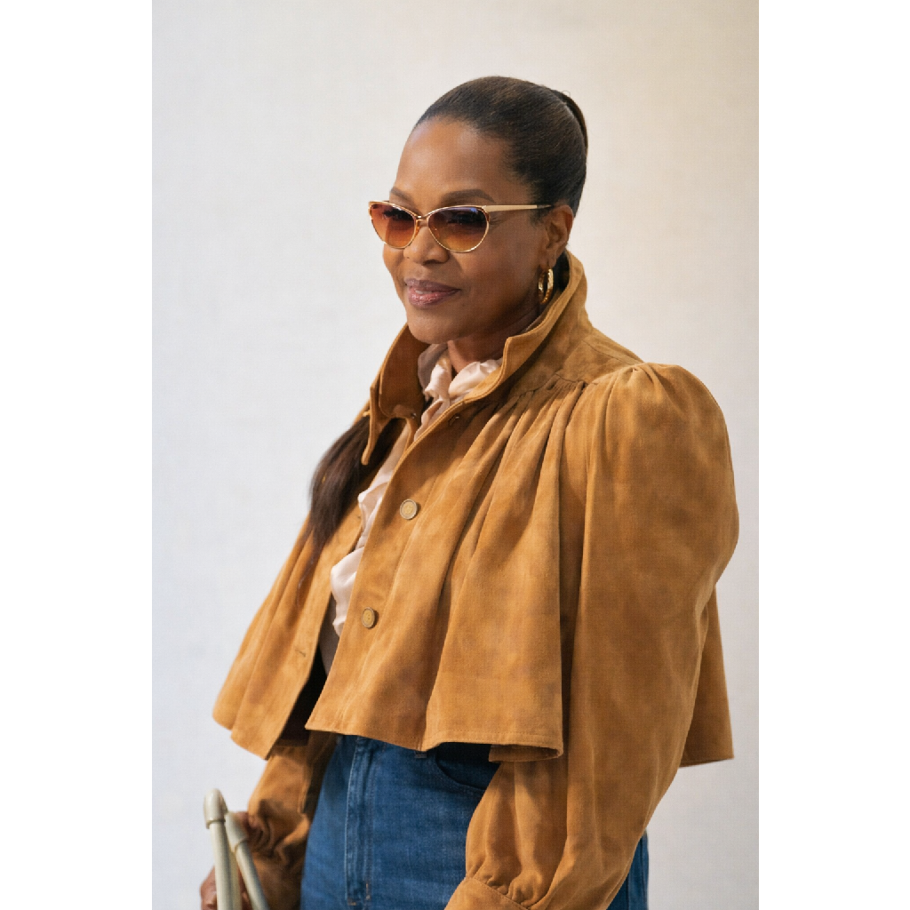 Paris Fashion Week 2026 Oprah Winfrey Cropped Brown Suede Jacket