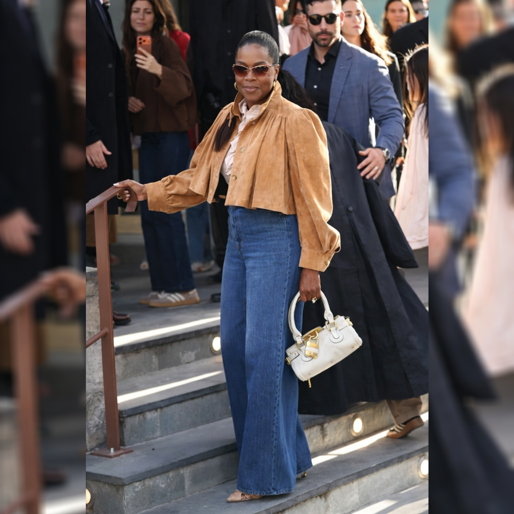 Paris Fashion Week 2026 Oprah Winfrey Cropped Brown Suede Leather Jacket