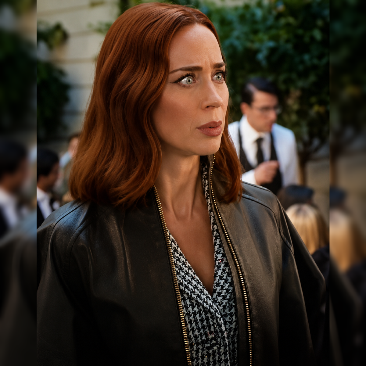 The Devil Wears Prada 2 Emily Blunt Black Leather Capelet Jacket