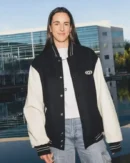 Caitlin-Clark-Black-Beige-Logo-Bomber-Jacket-1